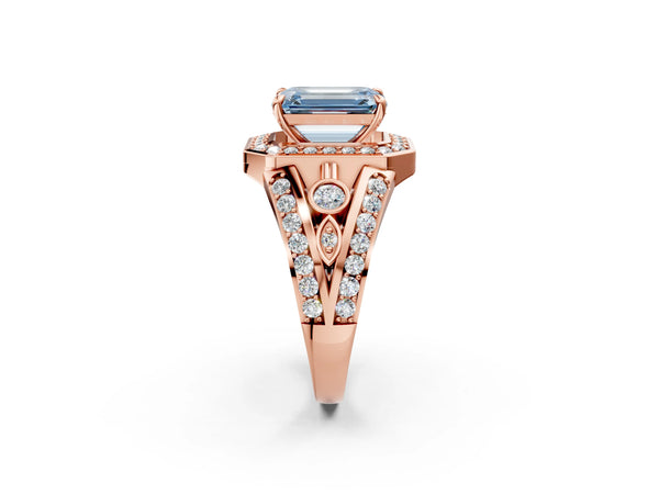 Rose gold Fancy Blue Emerald Cut Diamond Halo Ring with Split Shank and Bezel Accents and Four-Prong Setting