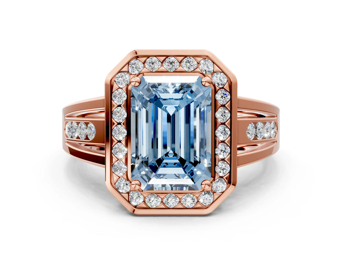 Rose gold Fancy Blue Emerald Cut Diamond Halo Ring with Split Shank and Bezel Accents and Prong Setting
