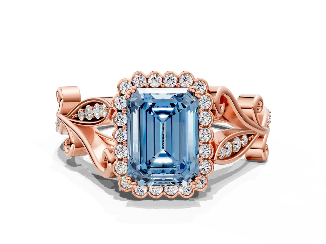 Rose gold Fancy Blue Emerald Cut Diamond Halo Ring with Vintage Split Shank and Four-Prong Setting_37
