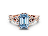 Rose gold Fancy Blue Emerald Cut Diamond  Halo Twist Band Solitaire Prong Setting Ring_48