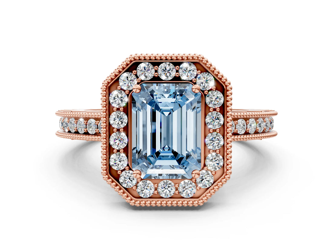Rose gold Fancy Blue Emerald Cut Diamond Milgrain Halo Engagement Ring with Round Pavé Band and Prong Setting_12