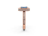 Rose gold Fancy Blue Emerald Cut Diamond Milgrain Halo Engagement Ring with Round Pavé Band and Prong Setting_14