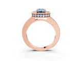 Rose gold Fancy Blue Emerald Cut Diamond Milgrain Halo Engagement Ring with Round Pavé Band and Prong Setting_15