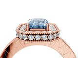 Rose gold Fancy Blue Emerald Cut Diamond Milgrain Halo Engagement Ring with Round Pavé Band and Prong Setting_16