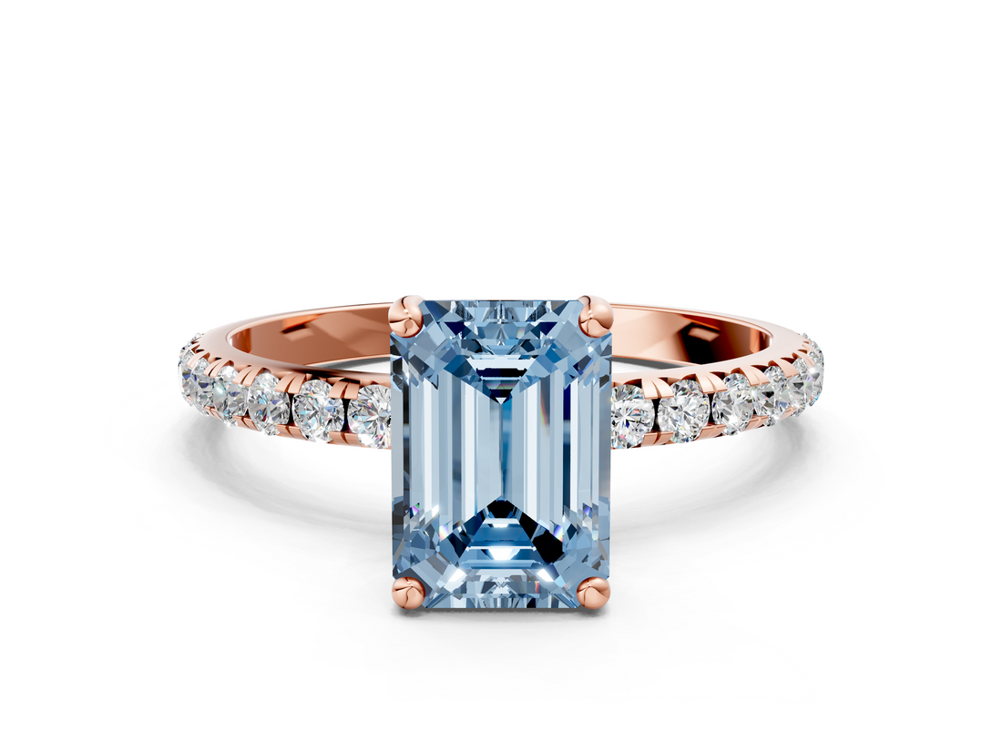 Rose gold Fancy Blue Emerald  Cut Diamond Pavé Band Solitaire with Four-Prong Setting_3