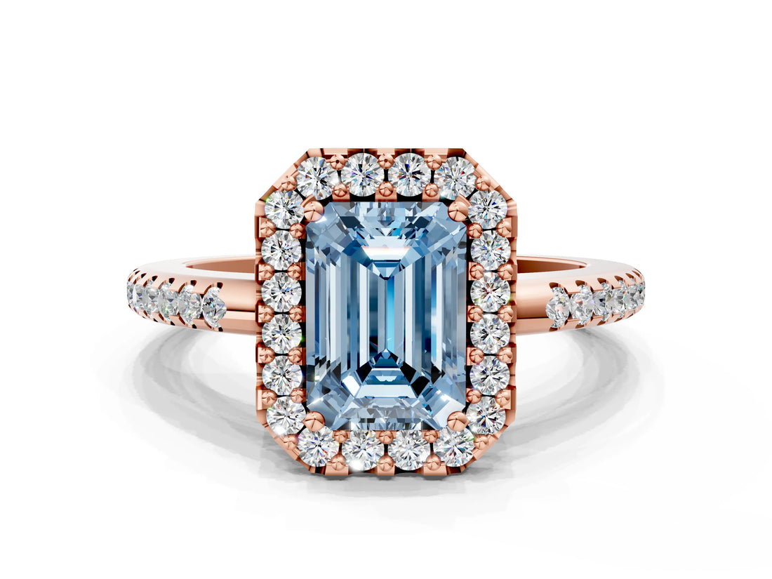 Rose gold Fancy Blue Emerald Cut Diamond Pavé Halo Ring with Four-Prong Setting_36