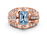 Rose gold Fancy Blue Emerald Cut Diamond Pave Art Deco Split Shank Ring with Four-Prong Setting