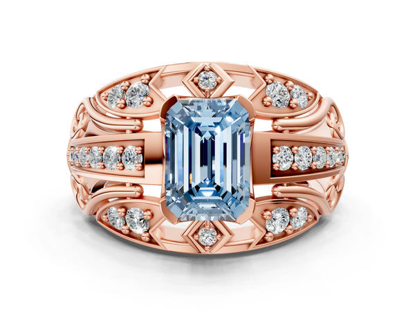 Rose gold Fancy Blue Emerald Cut Diamond Pave Art Deco Split Shank Ring with Four-Prong Setting