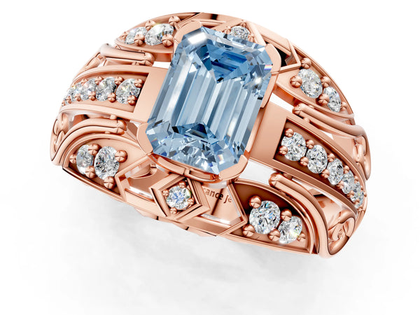 Rose gold Fancy Blue Emerald Cut Diamond Pave Art Deco Split Shank Ring with Four-Prong Setting