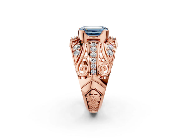 Rose gold Fancy Blue Emerald Cut Diamond Pave Art Deco Split Shank Ring with Four-Prong Setting
