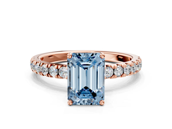 Rose gold Fancy Blue Emerald Cut Diamond Pave Band Solitaire Ring with Round  and Prong Setting