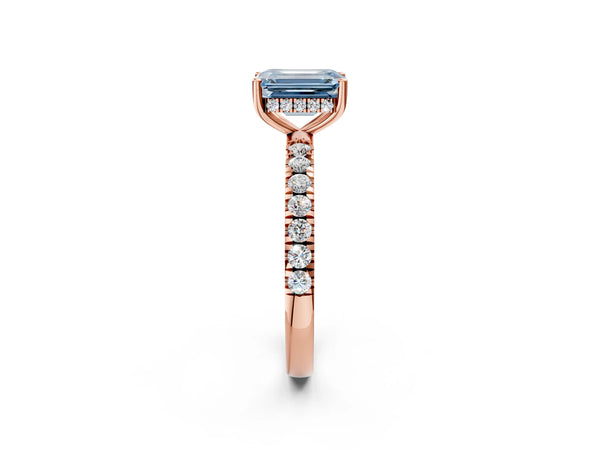 Rose gold Fancy Blue Emerald Cut Diamond Pave Band Solitaire Ring with Round  and Prong Setting