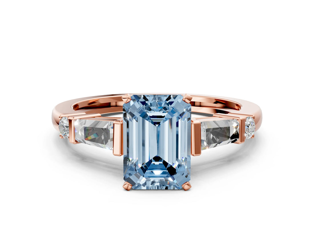 Rose gold Fancy Blue Emerald  Cut Diamond Ring with Baguette Side Stones, Channel Set Band, and Four-Prong Setting_24