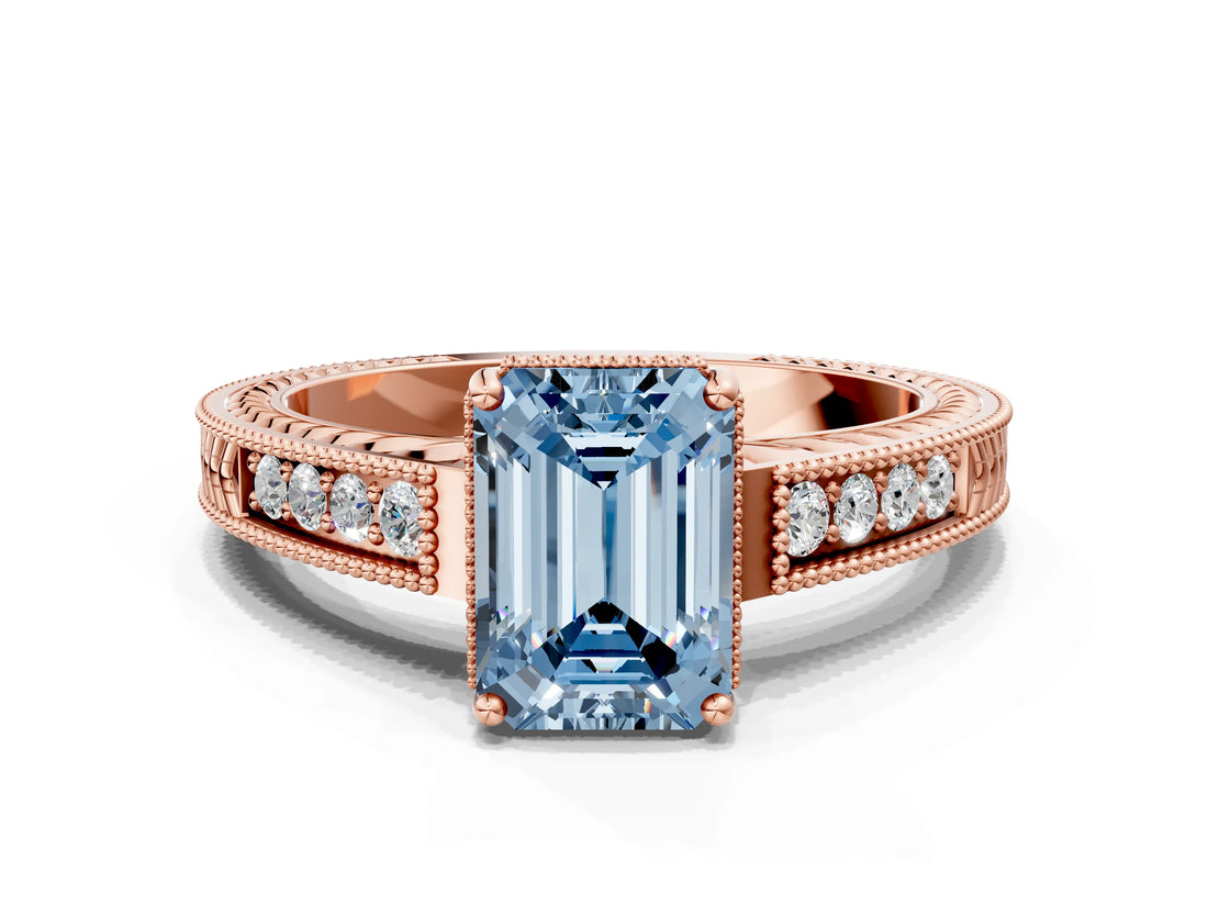 Rose gold Fancy Blue Emerald Cut Diamond Ring with Milgrain Pavé Band and Four-Prong Setting_20