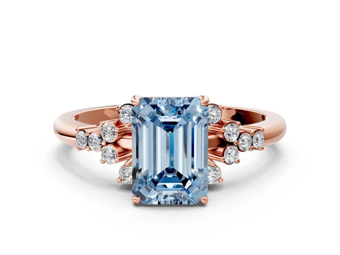 Rose gold Fancy Blue Emerald Cut Diamond Ring with Side Stones and Four-Prong Setting_108