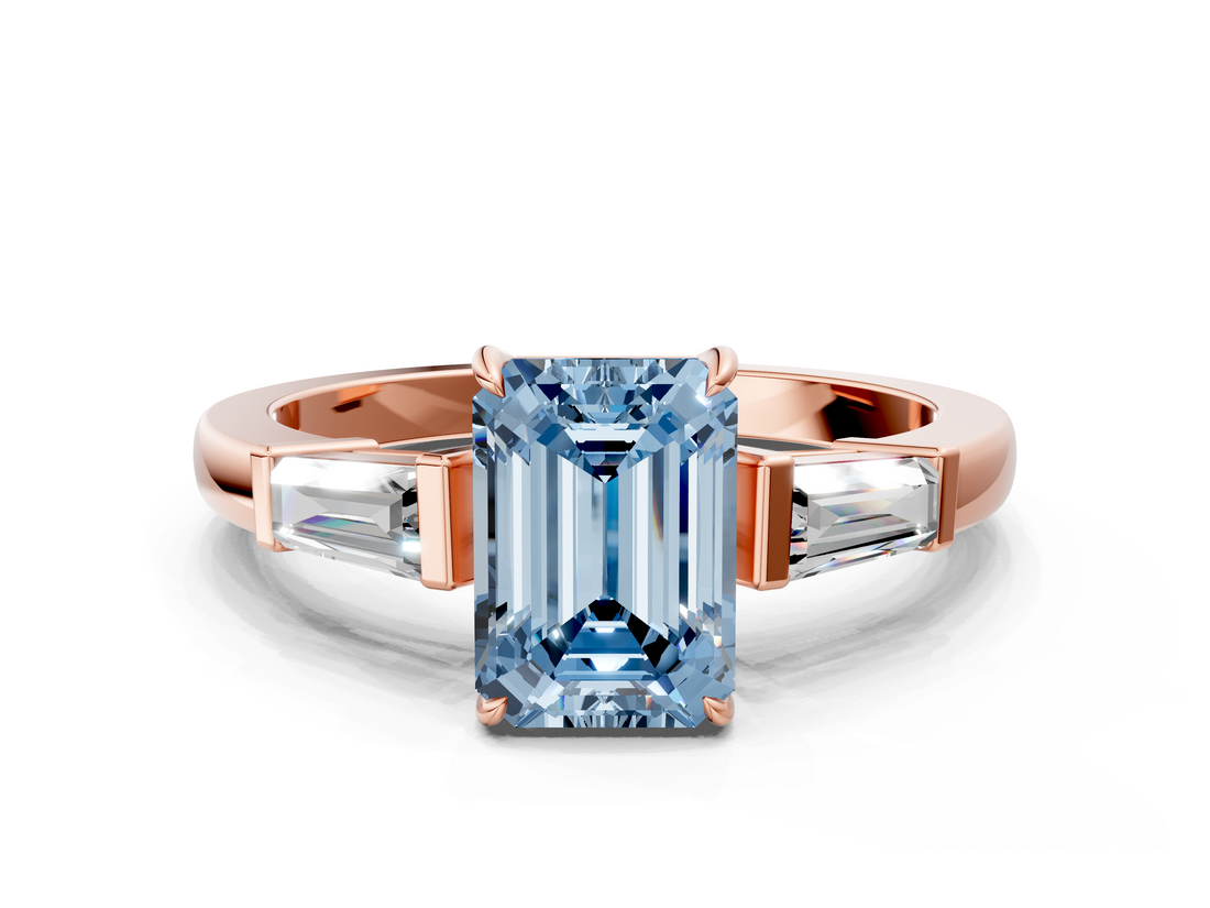 Rose gold Fancy Blue Emerald  Cut Diamond Ring with Tapered Baguette Side Stones in Four-Prong Setting_3