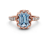 Rose gold Fancy Blue Emerald Cut Diamond Scalloped Halo Engagement Ring with Round Shared Prong Band_12