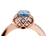 Rose gold Fancy Blue Emerald Cut Diamond Scalloped Halo Engagement Ring with Round Shared Prong Band_16