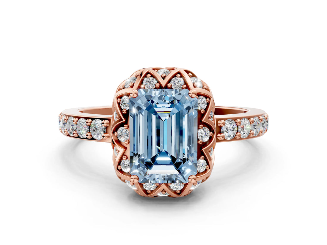 Rose gold Fancy Blue Emerald Cut Diamond Scalloped Halo Engagement Ring with Round Shared Prong Band_24