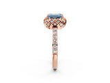 Rose gold Fancy Blue Emerald Cut Diamond Scalloped Halo Engagement Ring with Round Shared Prong Band_26
