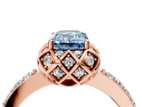 Rose gold Fancy Blue Emerald Cut Diamond Scalloped Halo Engagement Ring with Round Shared Prong Band_28