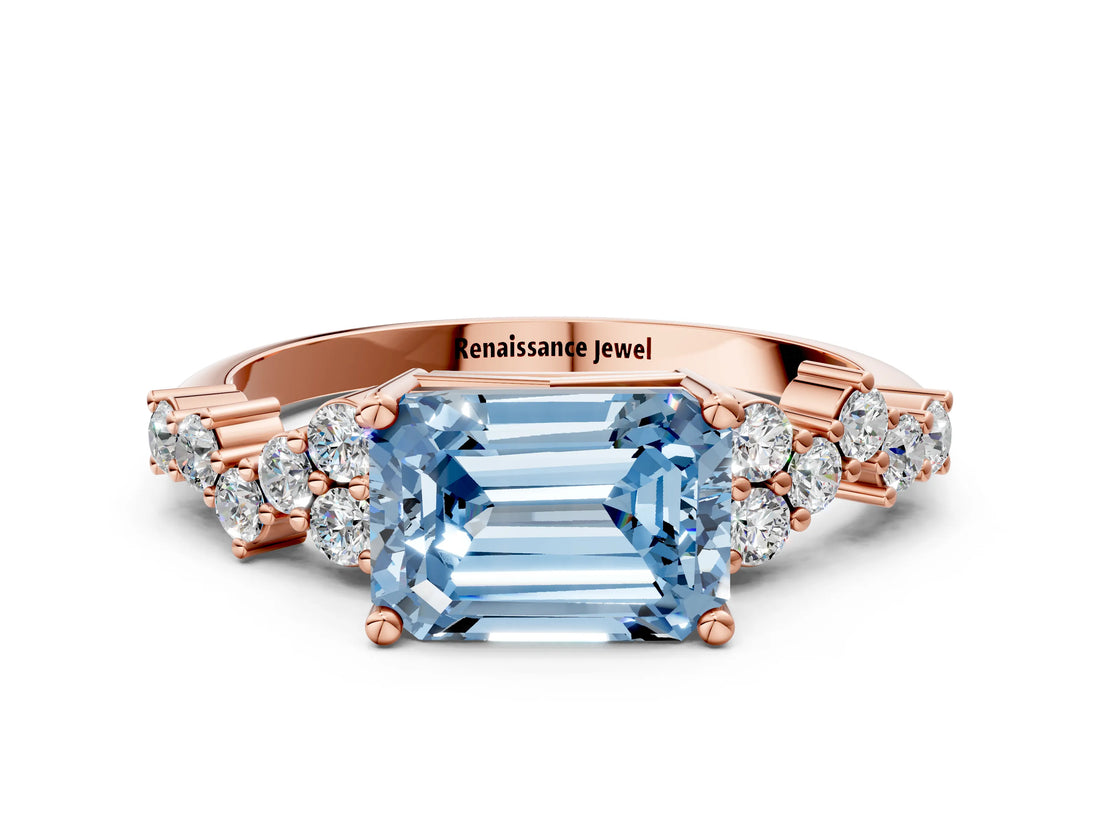 Rose gold Fancy Blue Emerald Cut Diamond Scattered Round Accent Ring with Prong Setting_12