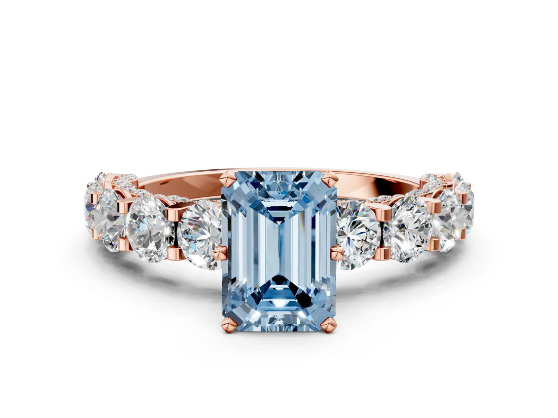 Rose gold Fancy Blue Emerald Cut Diamond Side Stone Engagement Ring with Four-Prong Setting_24
