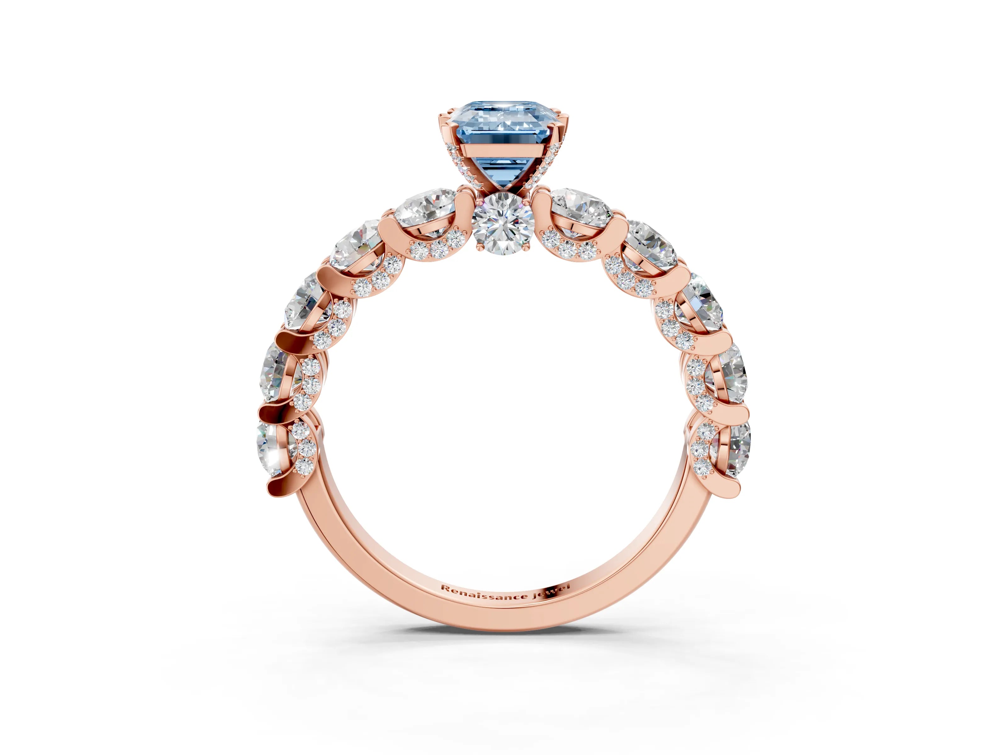 Rose gold Fancy Blue Emerald Cut Diamond Side Stone Engagement Ring with Four-Prong Setting_27