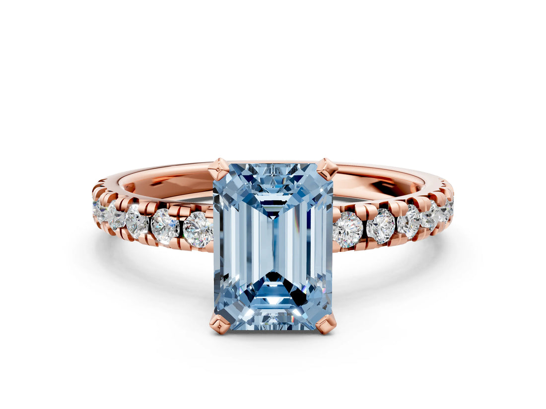 Rose gold Fancy Blue Emerald Cut Diamond Solitaire Pavé Engagement Ring with Round Band and Prong Setting_62