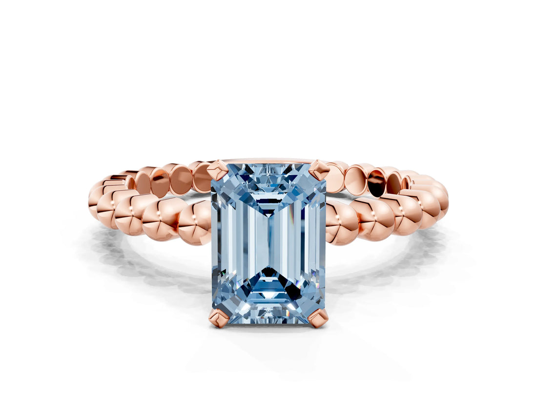 Rose gold Fancy Blue Emerald Cut Diamond Solitaire Ring with Beaded Band and Prong Setting_296