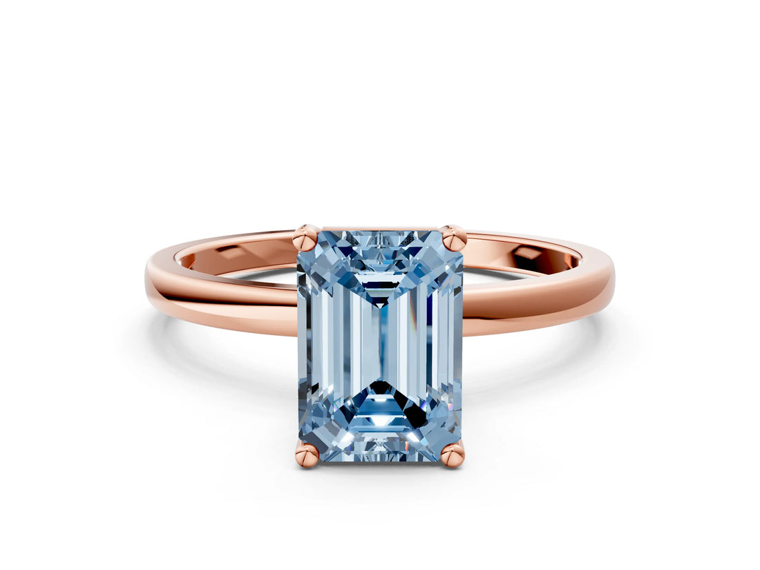 Rose gold Fancy Blue Emerald Cut Diamond Solitaire Ring with Classic Band and Four-Prong Setting