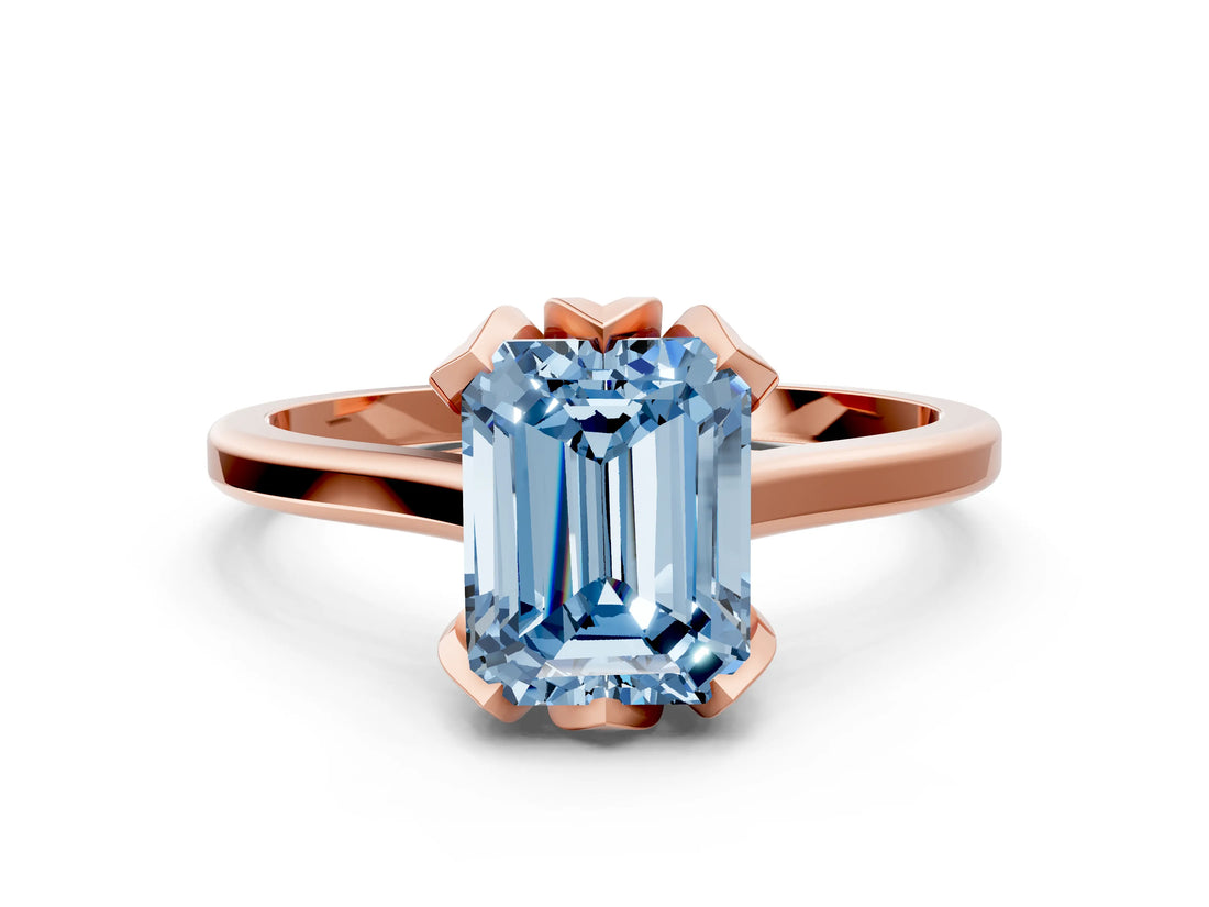 Rose gold Fancy Blue Emerald Cut Diamond Solitaire Ring with Flower Prong Setting and Classic Band_36