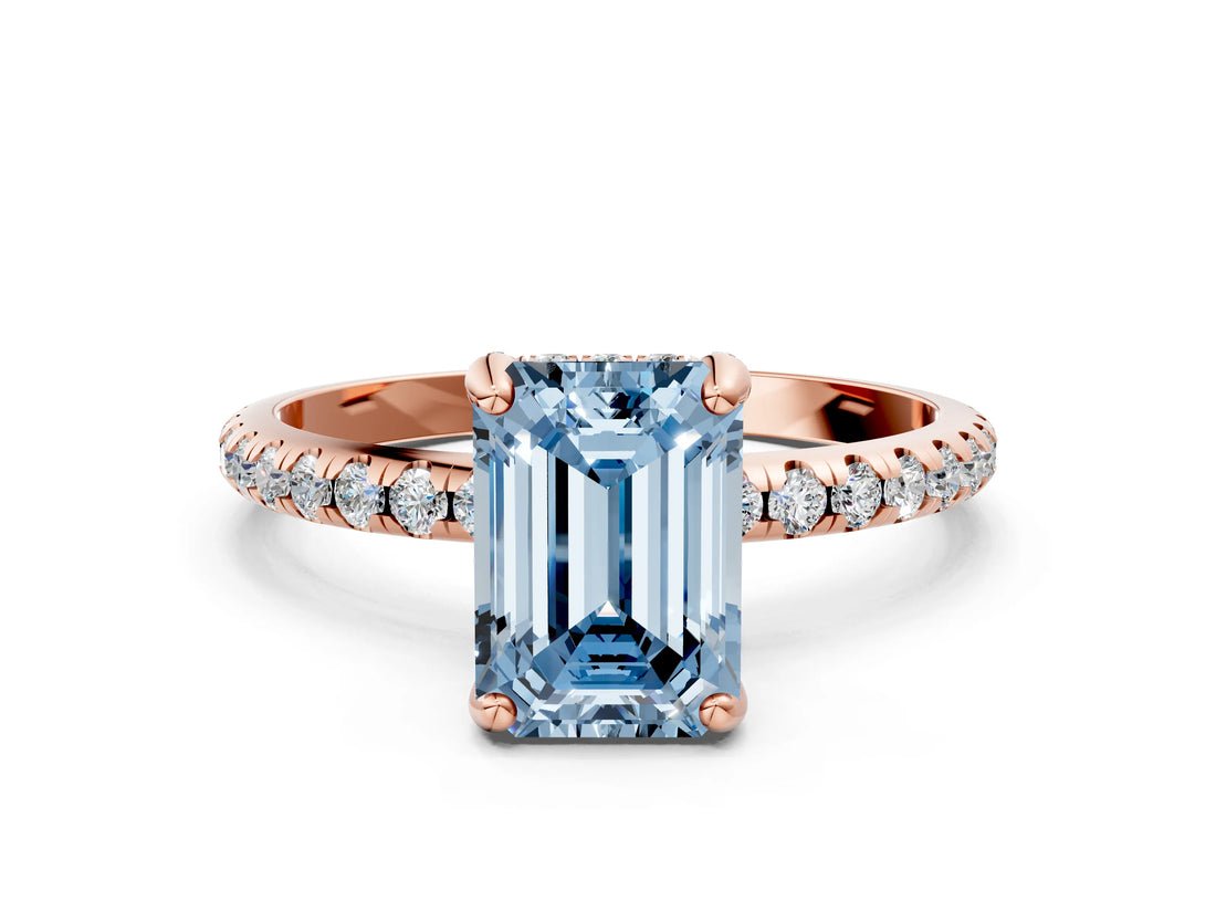 Rose gold Fancy Blue Emerald Cut Diamond Solitaire Ring with Four-Prong Setting and Pavé Band_3