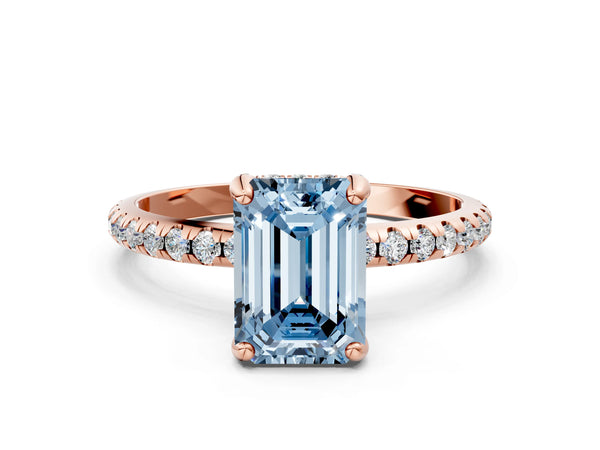 Rose gold Fancy Blue Emerald Cut Diamond Solitaire Ring with Four-Prong Setting and Pavé Band