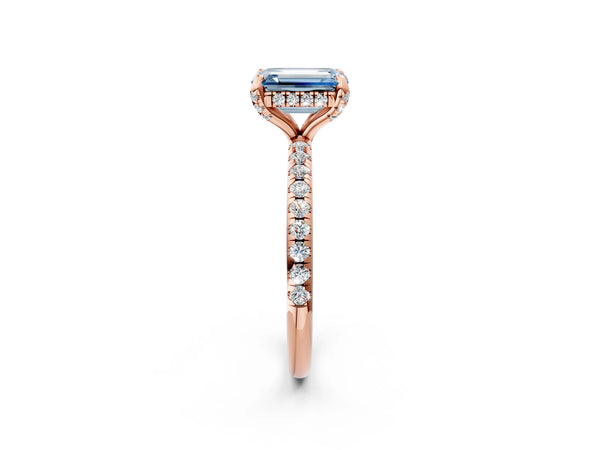 Rose gold Fancy Blue Emerald Cut Diamond Solitaire Ring with Four-Prong Setting and Pavé Band