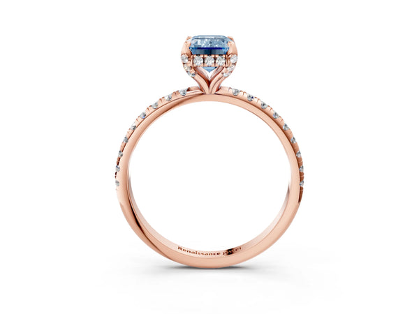 Rose gold Fancy Blue Emerald Cut Diamond Solitaire Ring with Four-Prong Setting and Pavé Band