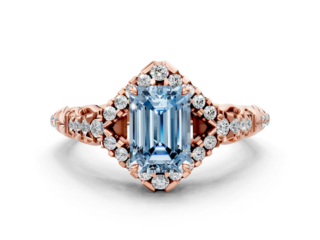 Rose gold Fancy Blue Emerald Cut Diamond Solitaire Ring with Hidden Halo and Pavé Band_27