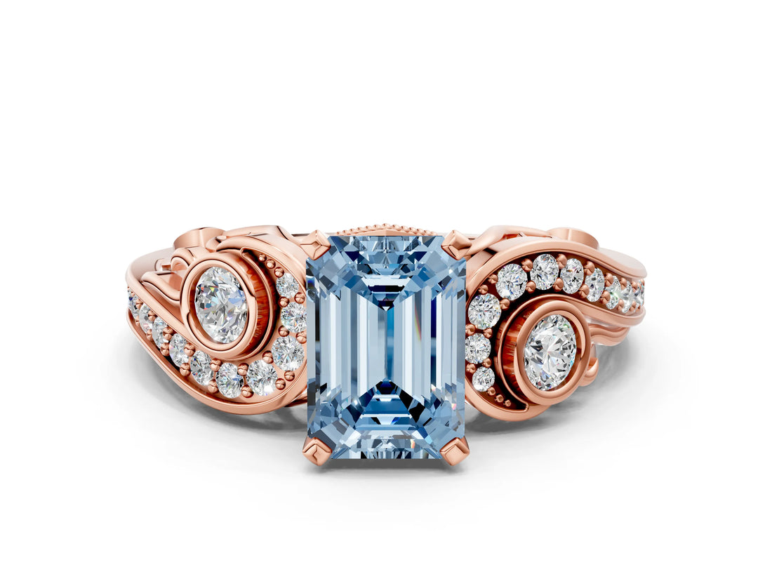 Rose gold Fancy Blue Emerald Cut Diamond Solitaire Ring with Milgrain Pavé Band and Four-Prong Setting_173