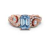 Rose gold Fancy Blue Emerald Cut Diamond Solitaire Ring with Milgrain Pavé Band and Four-Prong Setting_173