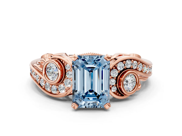 Rose gold Fancy Blue Emerald Cut Diamond Solitaire Ring with Milgrain Pavé Band and Four-Prong Setting