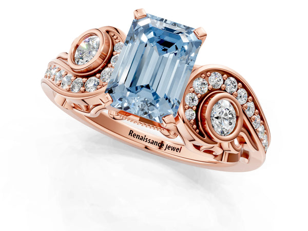 Rose gold Fancy Blue Emerald Cut Diamond Solitaire Ring with Milgrain Pavé Band and Four-Prong Setting