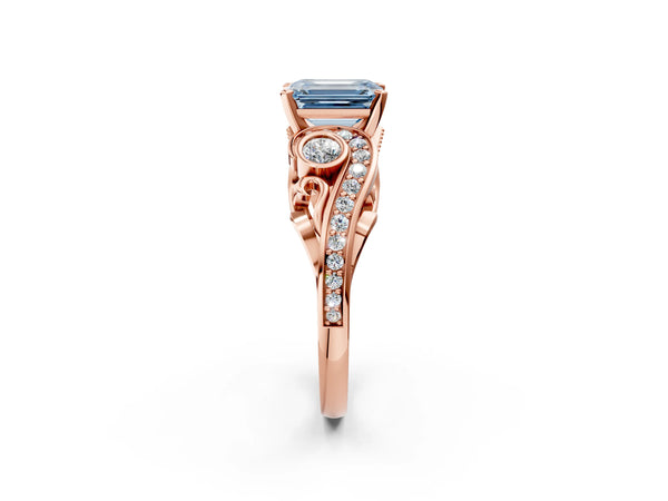Rose gold Fancy Blue Emerald Cut Diamond Solitaire Ring with Milgrain Pavé Band and Four-Prong Setting