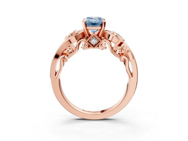 Rose gold Fancy Blue Emerald Cut Diamond Solitaire Ring with Milgrain Pavé Band and Four-Prong Setting