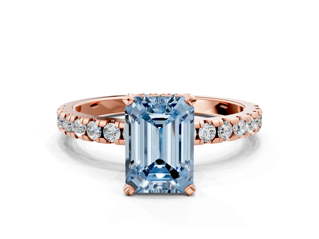 Rose gold Fancy Blue Emerald Cut Diamond Solitaire Ring with Pavé Band and Four-Prong Setting_103