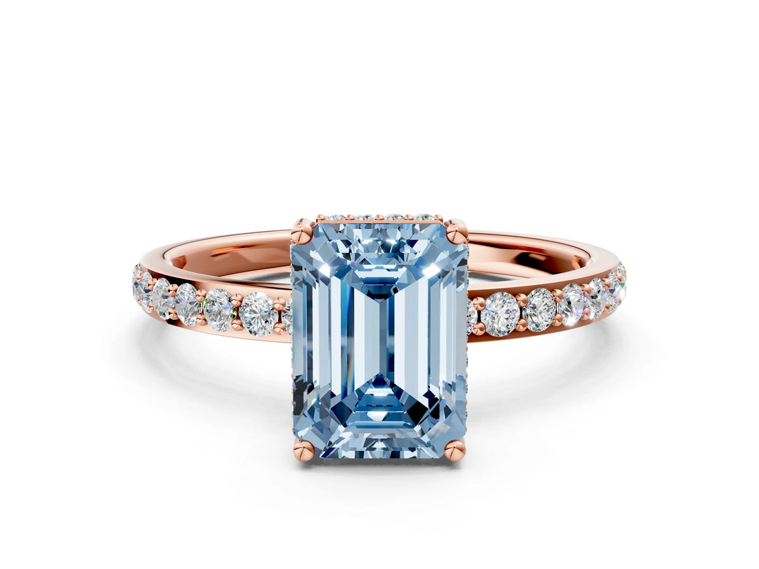 Rose gold Fancy Blue Emerald Cut Diamond Solitaire Ring with Pavé Band and Hidden Halo_20