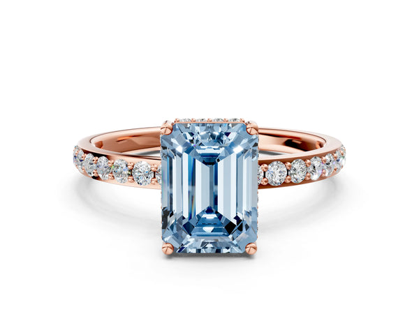 Rose gold Fancy Blue Emerald Cut Diamond Solitaire Ring with Pavé Band and Hidden Halo