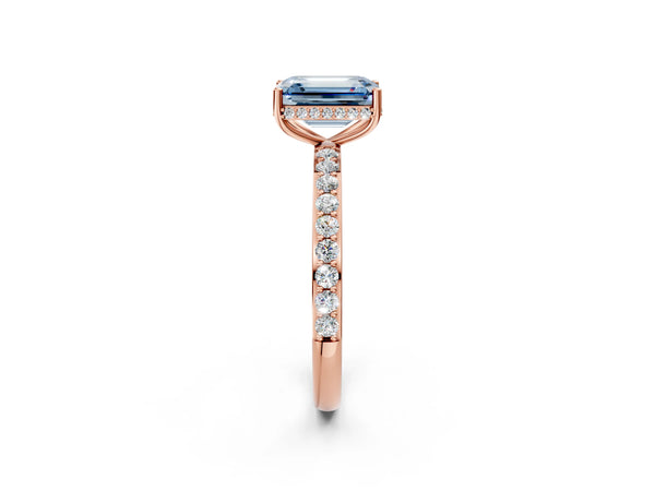 Rose gold Fancy Blue Emerald Cut Diamond Solitaire Ring with Pavé Band and Hidden Halo