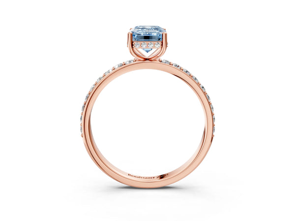 Rose gold Fancy Blue Emerald Cut Diamond Solitaire Ring with Pavé Band and Hidden Halo