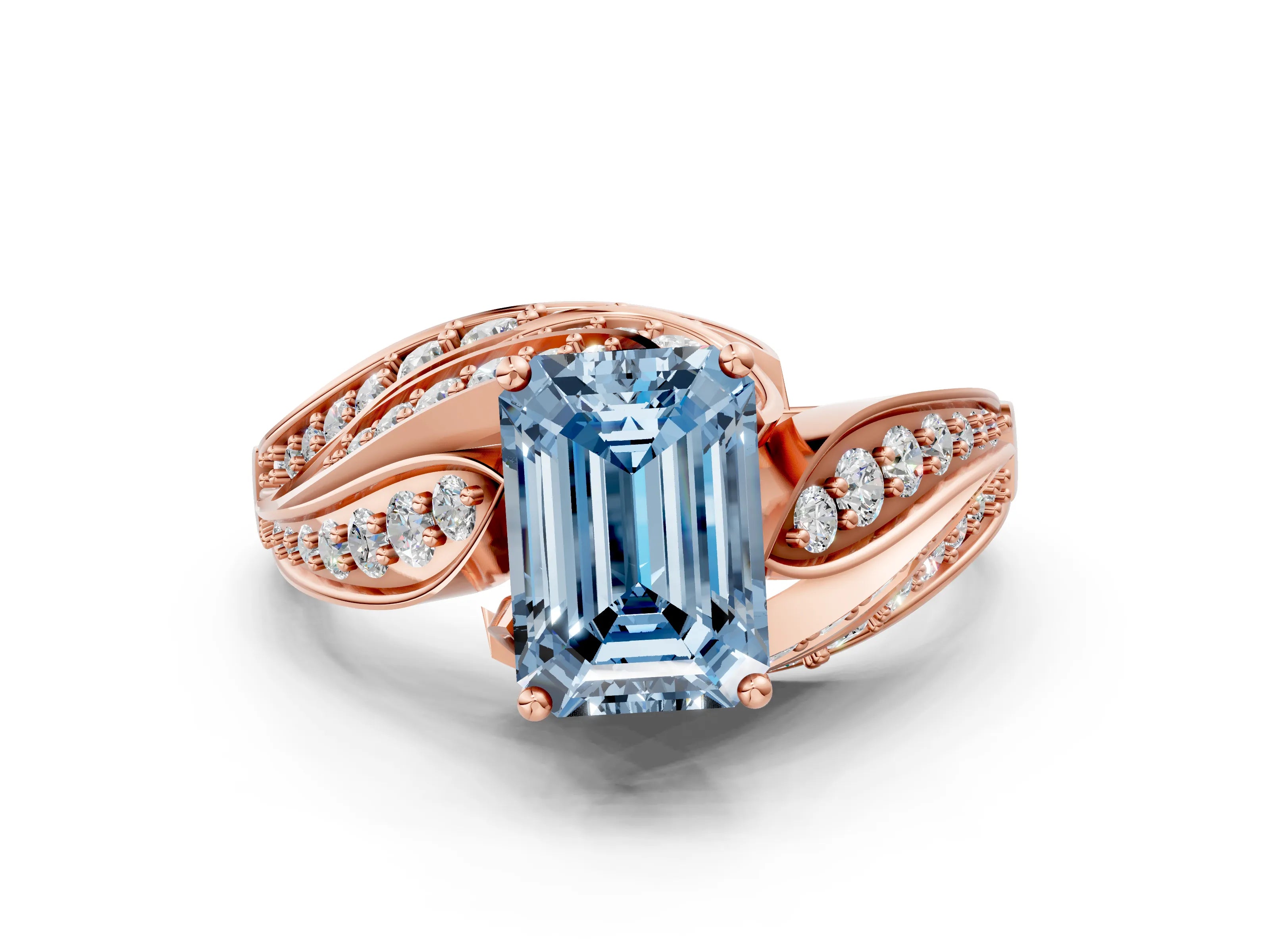 Rose gold Fancy Blue Emerald Cut Diamond Solitaire Ring with Prong Setting and Twisted Pavé Band