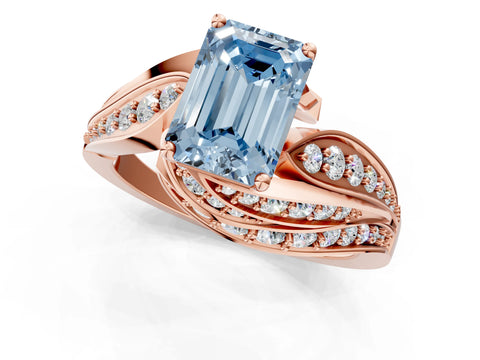 Rose gold Fancy Blue Emerald Cut Diamond Solitaire Ring with Prong Setting and Twisted Pavé Band_1